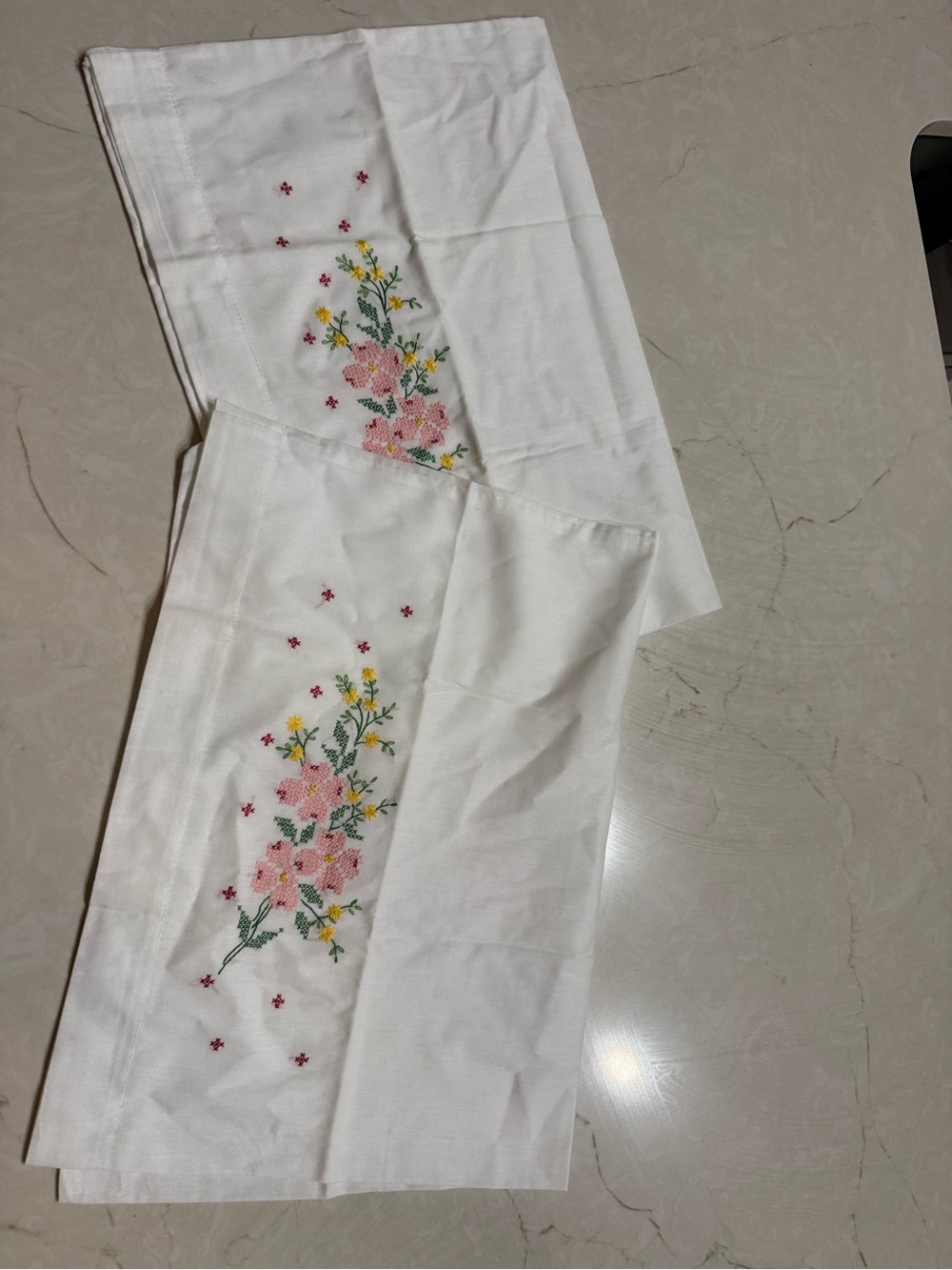 Source Unknown White Pillowcases with Pink & Yellow Floral Embroidery